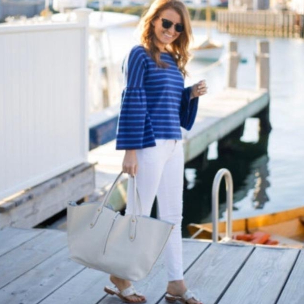 J.Crew Blue Striped Bell Sleeve Cropped Sweater